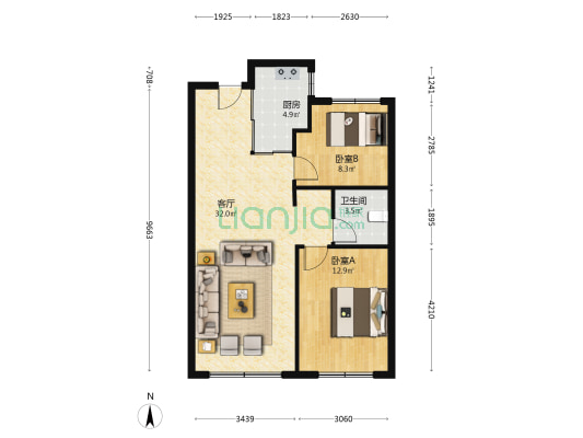 万科荣光路59号 2室1厅1卫 87平方
