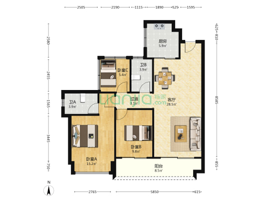 星河冠誉府 3室1厅2卫 102平方