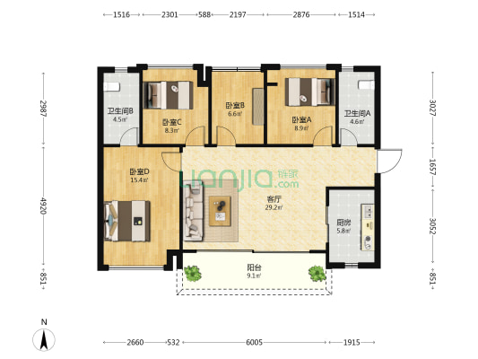 旭辉恒基铂仕湾 4室1厅2卫 108平方