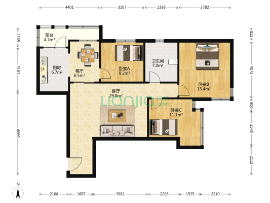 地方天园 3室2厅1卫 121平方