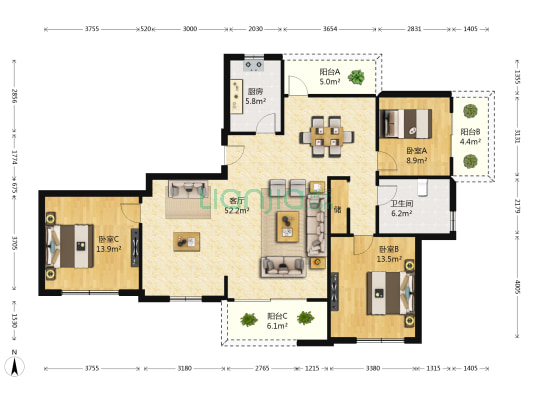 银洲·皇家花园 3室1厅1卫 258平方