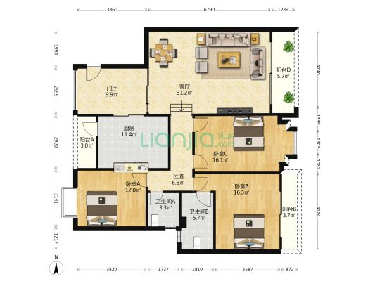 明舍御园 3室1厅2卫 149平方