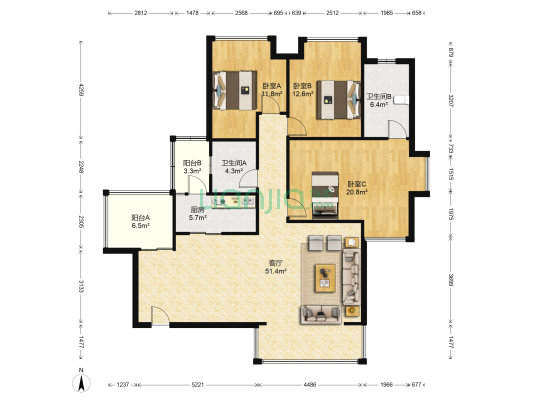 卓锦城四期 3室1厅2卫 130平方