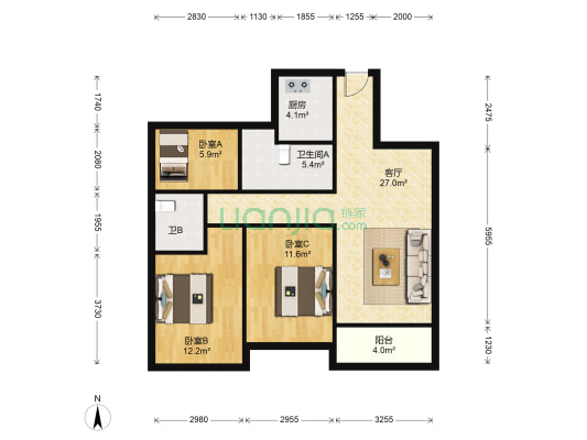 大家·锦悦栖溪轩 3室1厅2卫 88平方