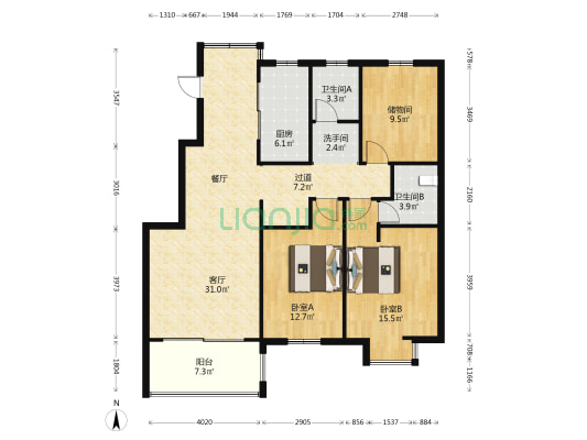 紫晶国际花园 2室1厅3卫 126平方