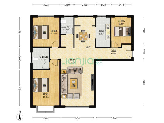 鲁商彬彧大厦 3室1厅2卫 141平方