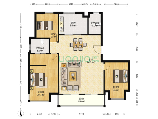 锦源 3室1厅2卫 143平方