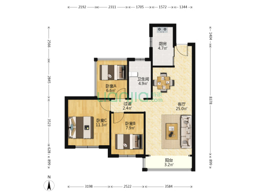 豪都新天地 3室1厅1卫 86平方