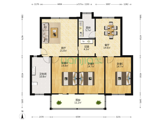 交通设计院（井冈山大道657号） 3室2厅1卫 132平方