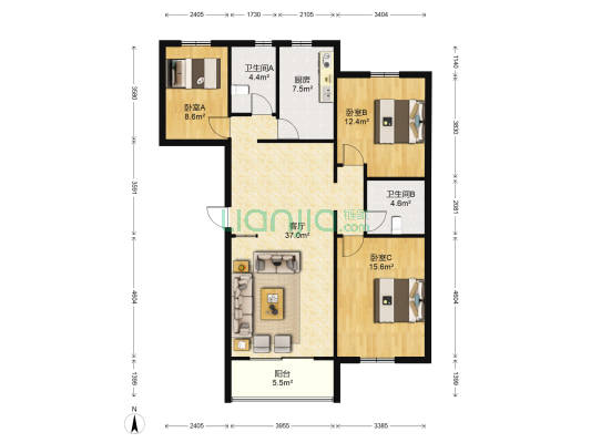 澳宇花园 3室1厅2卫 120平方