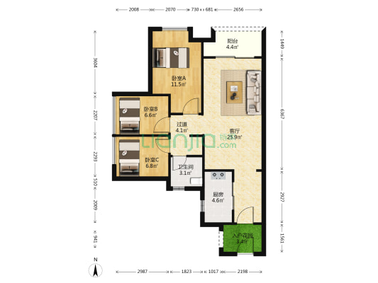 绿城顺德杨柳郡 3室1厅1卫 85平方