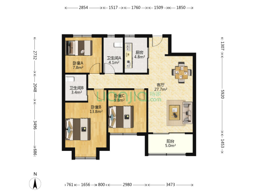 中海燕矶听潮B区 3室1厅2卫 100平方