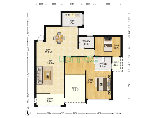 冠泰中隐小城 2室2厅2卫 112平方