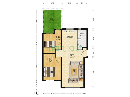 保利罗兰A2区 2室1厅1卫 86平方