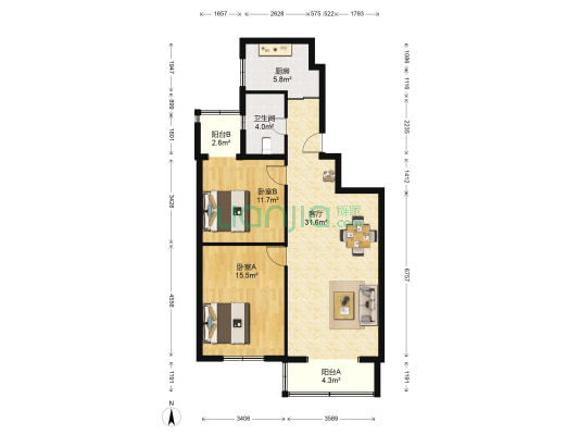 金帝花园 2室1厅1卫 98平方