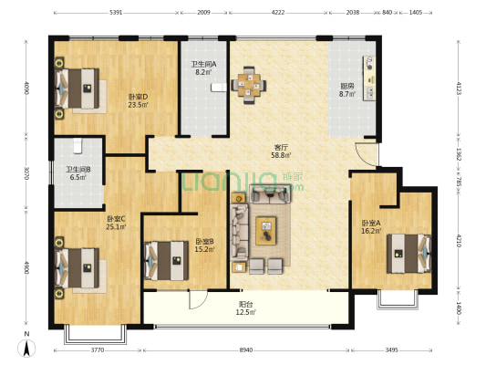 丰金紫金山庄 4室1厅2卫 197平方