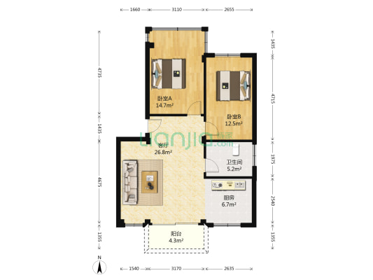 华西路 2室1厅1卫 90平方