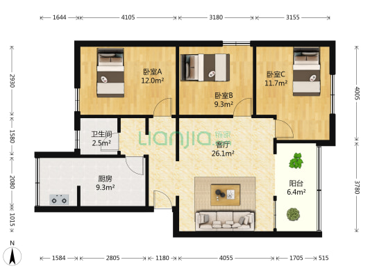 白马寺街33号 3室1厅1卫 91平方