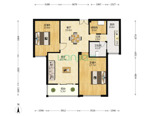 金桥湾花园 2室2厅1卫 104平方