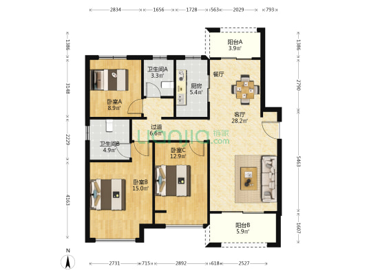 中海湖滨世家怡然苑 3室1厅2卫 128平方