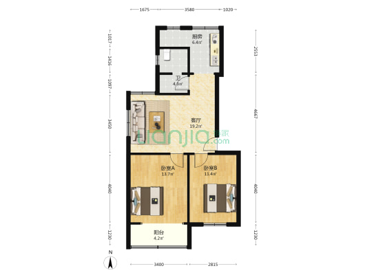 胶州市自来水公司宿舍楼 2室1厅1卫 75平方
