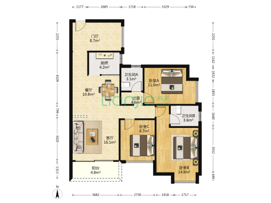 金龙理想1号 3室2厅2卫 110平方