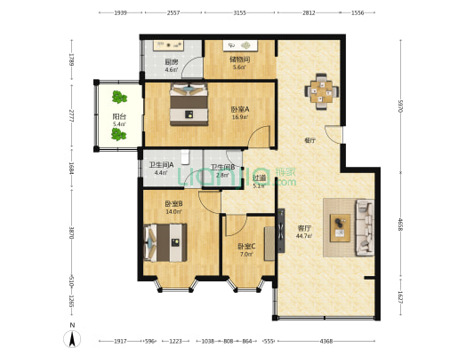 冠成大厦 3室1厅2卫 130平方