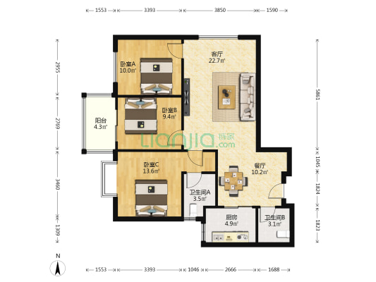盛城东星 3室2厅2卫 107平方