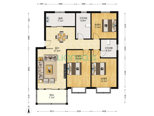 倪家苑南区 3室1厅2卫 121平方
