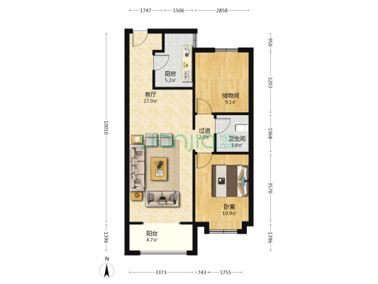 潮白河孔雀城紫薇园 1室1厅1卫 90平方