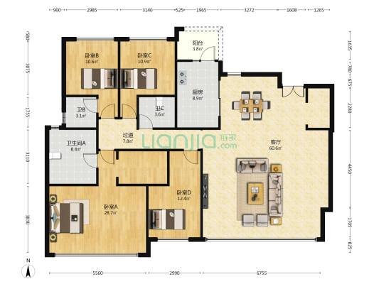 建发观唐映月南区 4室1厅3卫 196平方