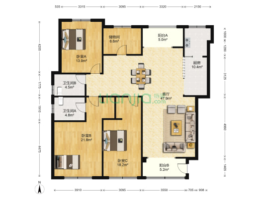 龙湖花千树 3室1厅2卫 172平方