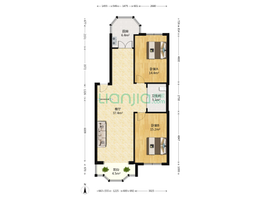 鑫柳家园 2室1厅1卫 109平方