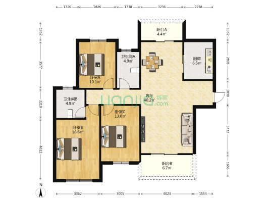 建业城 3室1厅2卫 144平方