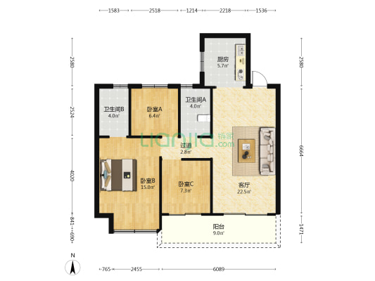 红星天悦 3室1厅2卫 89平方