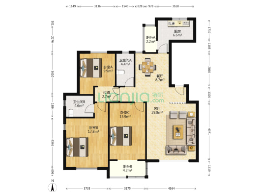 白桦林居小高层三居室，居住舒适，低公摊-户型图