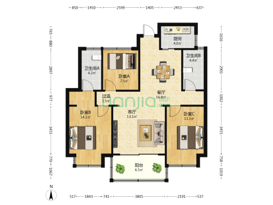 世茂·秀英里 3室2厅2卫 105平方