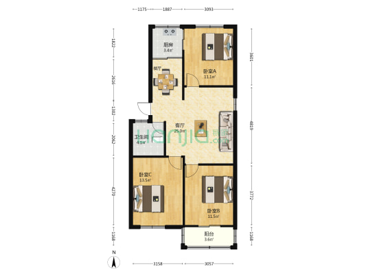 卫检宿舍 3室1厅1卫 100平方