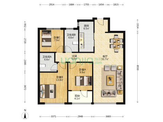 青岛海洋活力区融创中心 3室1厅2卫 119平方