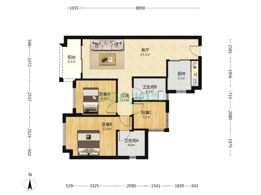 奥园中新城市天地 3室1厅2卫 86平方