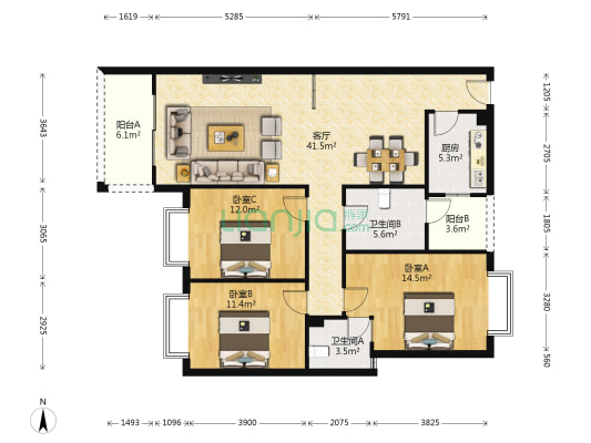 枫景雅居 3室1厅2卫 114平方