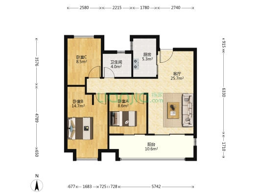 翡翠天际珊海 3室1厅1卫 102平方