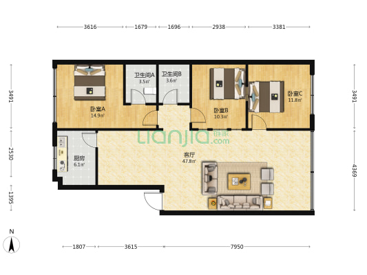 江华路67号 3室1厅2卫 120平方