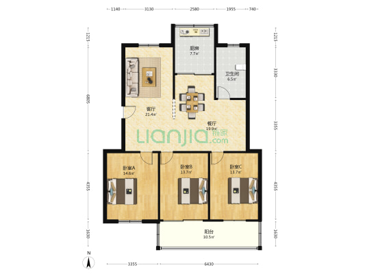 百花南苑 3室2厅1卫 124平方