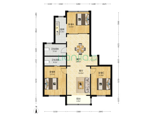 侨鑫公寓 3室2厅2卫 103平方