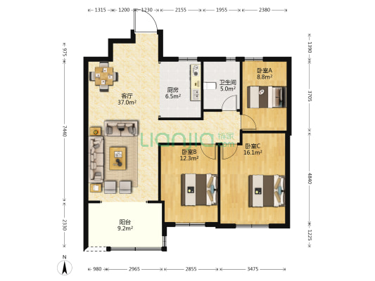 万水清华 3室1厅1卫 114平方
