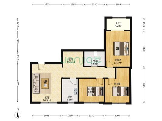 华阳路 精装修南北 三居室，双塔，西 丁旁，交通方便-户型图