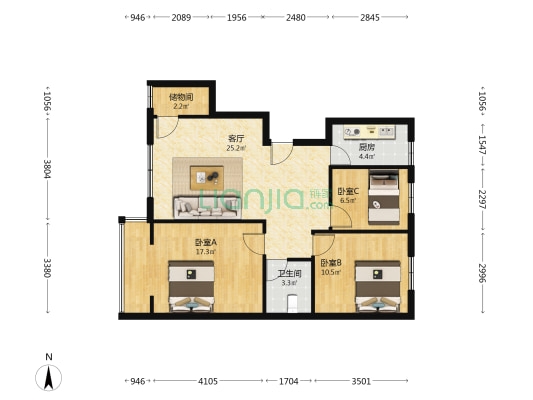 万达天璟 3室1厅1卫 125平方