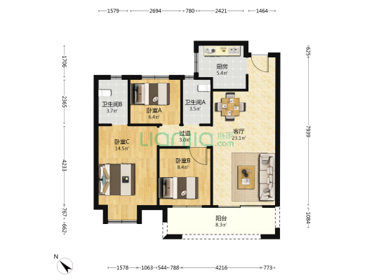 城投联投江南岸D区 3室1厅2卫 102平方