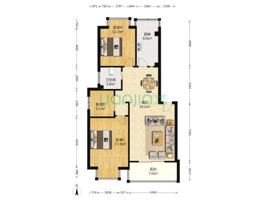 金都花园 3室1厅1卫 101平方
